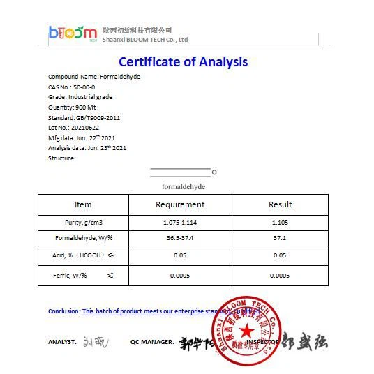 CAS 50-00-0 Formaldehyde COA | Shaanxi BLOOM Tech Co., Ltd CAS 50-00-0 Formaldehyde COA | Shaanxi BLOOM Tech Co., Ltd
