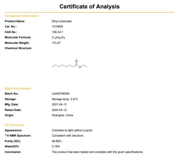 Ethyl Caprylate COA | Shaanxi BLOOM Tech Co., Ltd Ethyl Caprylate COA | Shaanxi BLOOM Tech Co., Ltd