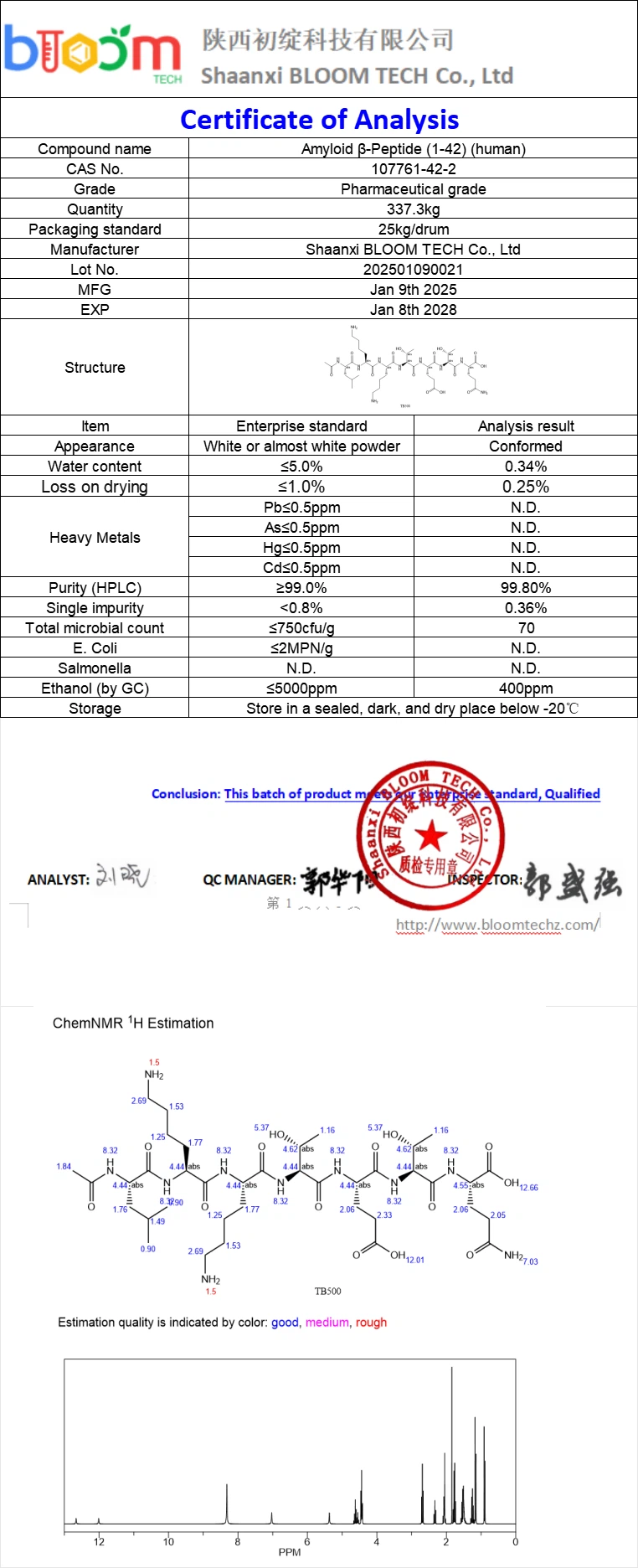 TB500 COA | Shaanxi BLOOM Tech Co., Ltd TB500 COA | Shaanxi BLOOM Tech Co., Ltd